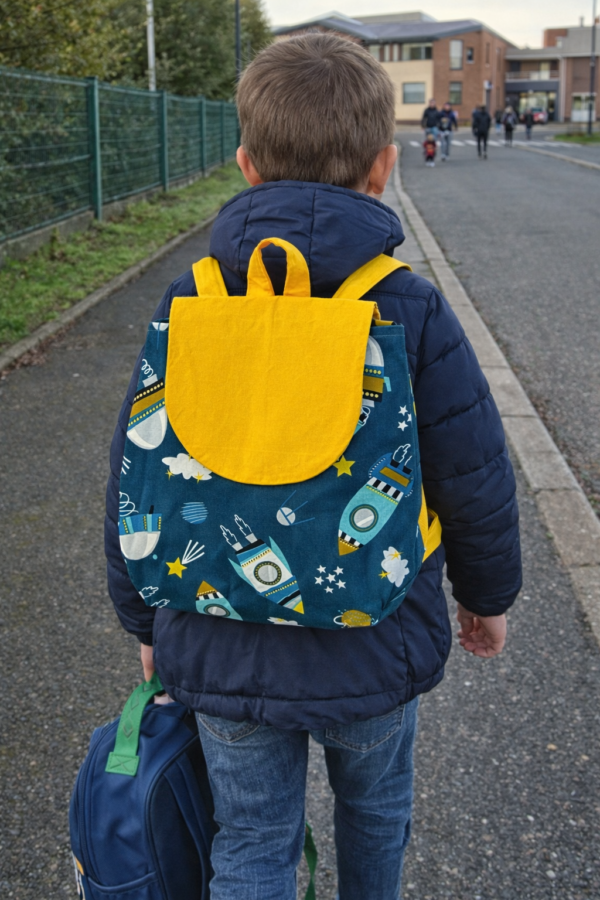Sac à dos maternelle garçon bleu canard avec grand pochon assorti – Sangles réglables
