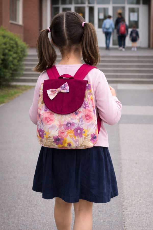 Sac à dos maternelle fille fuchsia à fleurs avec sac goûter assorti – Sangles réglables