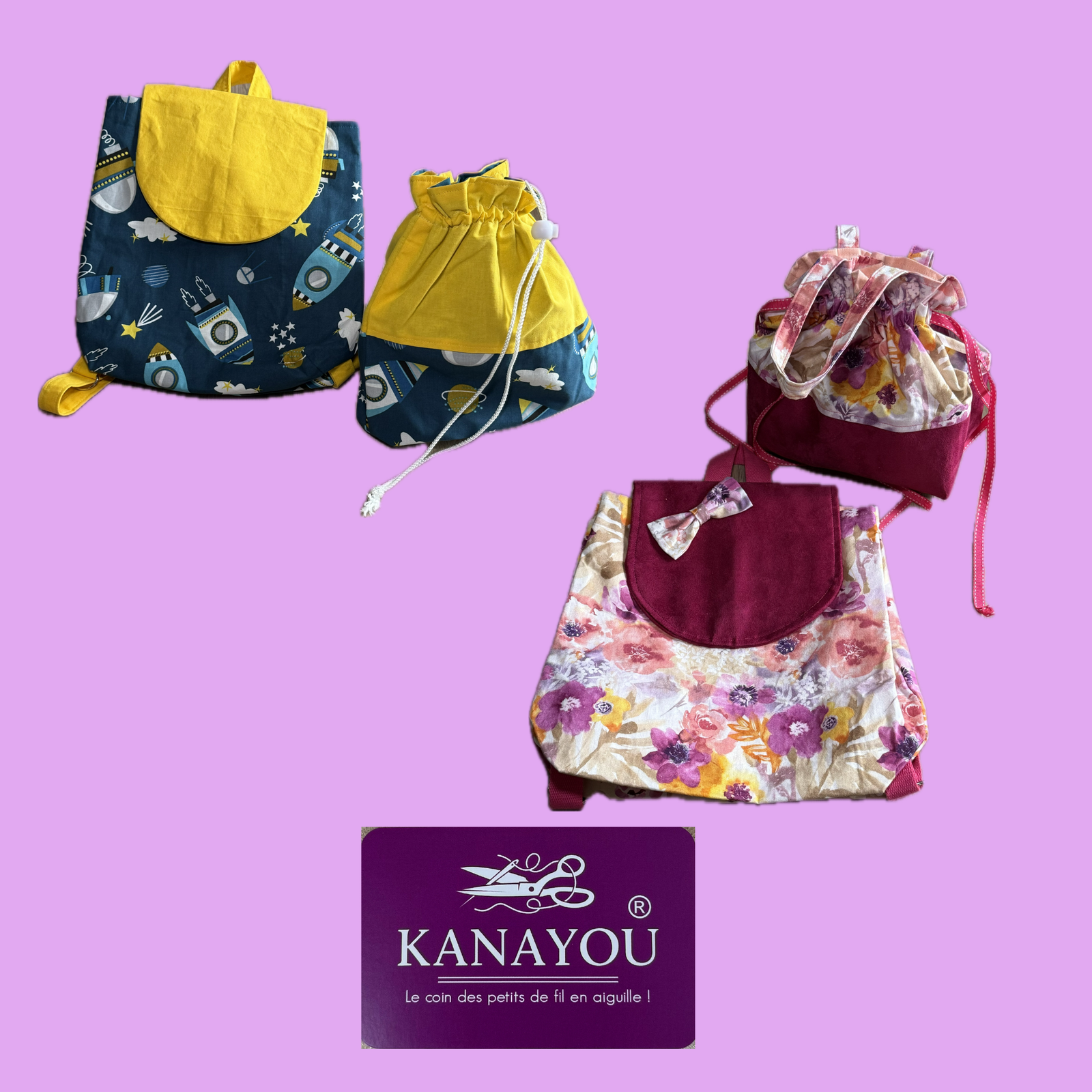 Sac à dos maternelle fille fuchsia à fleurs avec sac goûter assorti – Sangles réglables